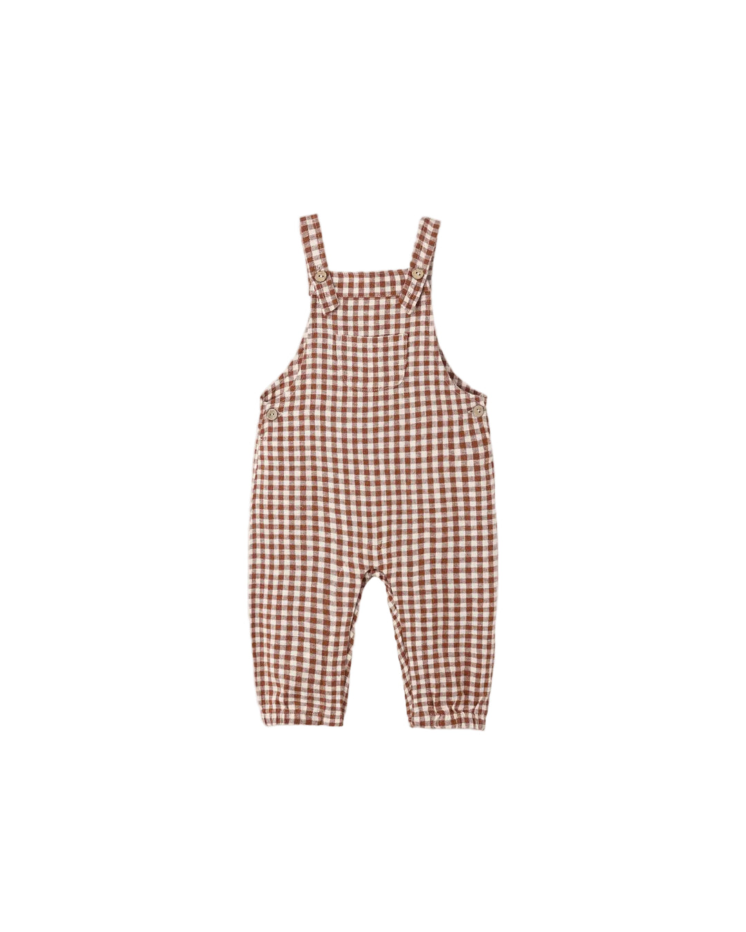 A baby romper in a brown and white gingham check pattern, shown flat against a light gray background.