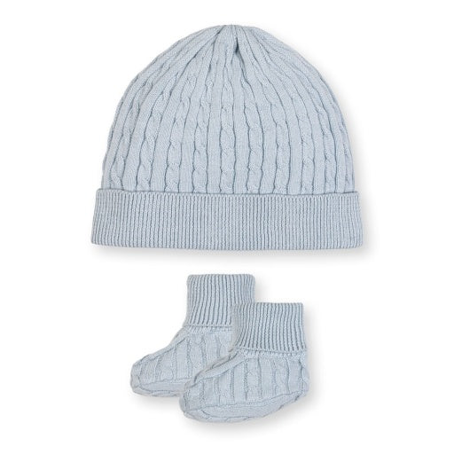 Organic Pale Blue Cable Knit Beanie and Bootie Set