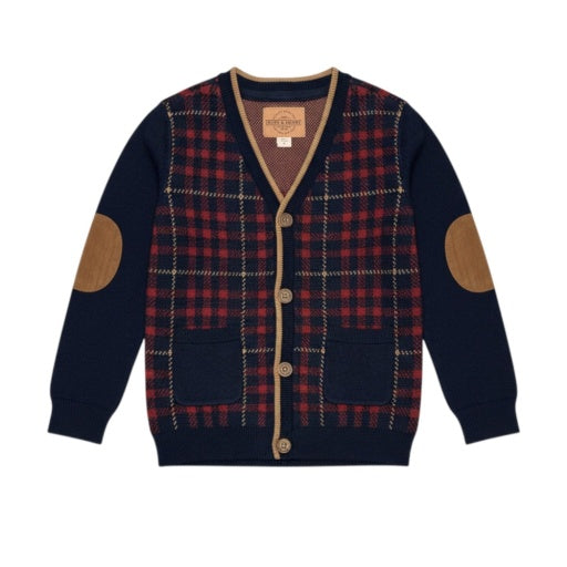 Organic Navy Plaid Intarsia Tipped Cardigan