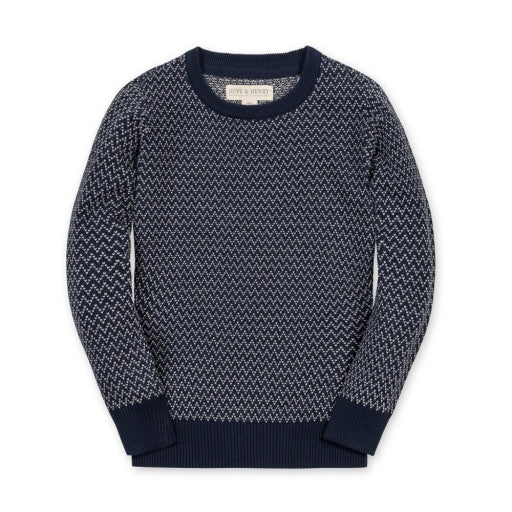Navy Herringbone Crew Neck Pullover Sweater