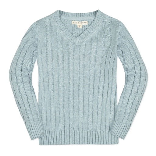 Organic Dusty Blue Heather Cable Fine Gauge Cable V-Neck Sweater