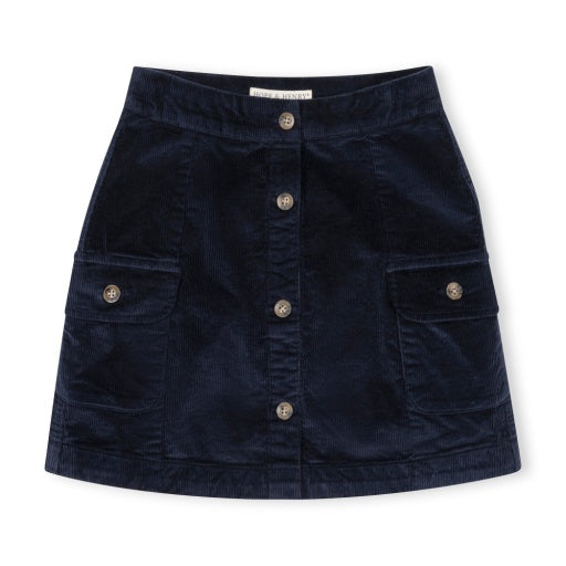 Organic Navy Corduroy Button Front Skirt