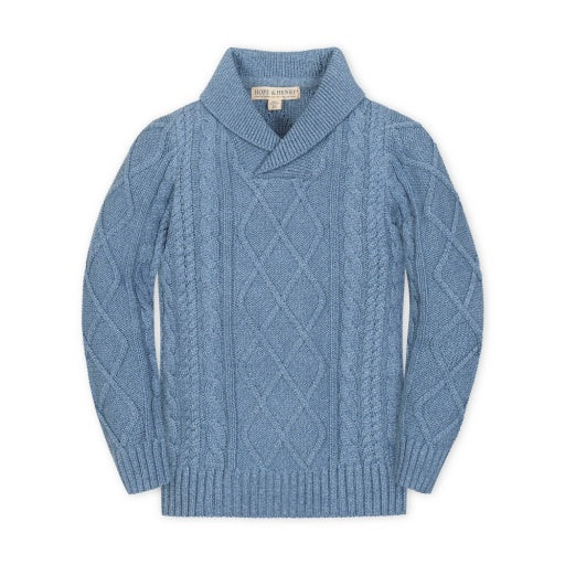 Organic Medium Blue Marl Shawl Collar Cable Sweater