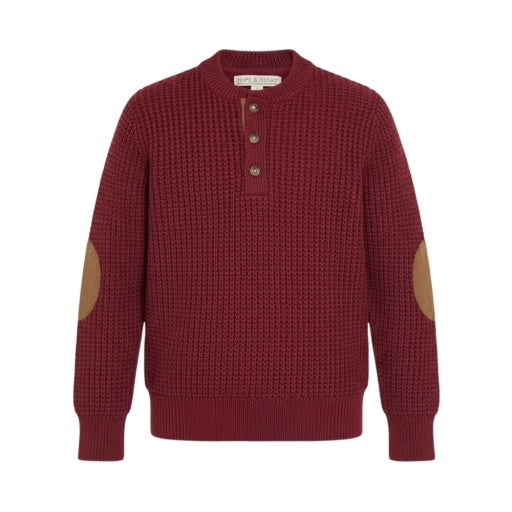 Organic Oxblood Waffle Sweater Henley with Elbow Patches