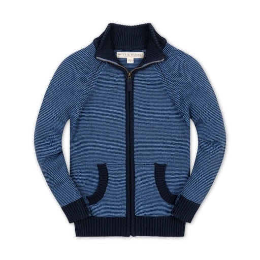 Organic Blue Microstripe Full Zip Mock Neck Sweater
