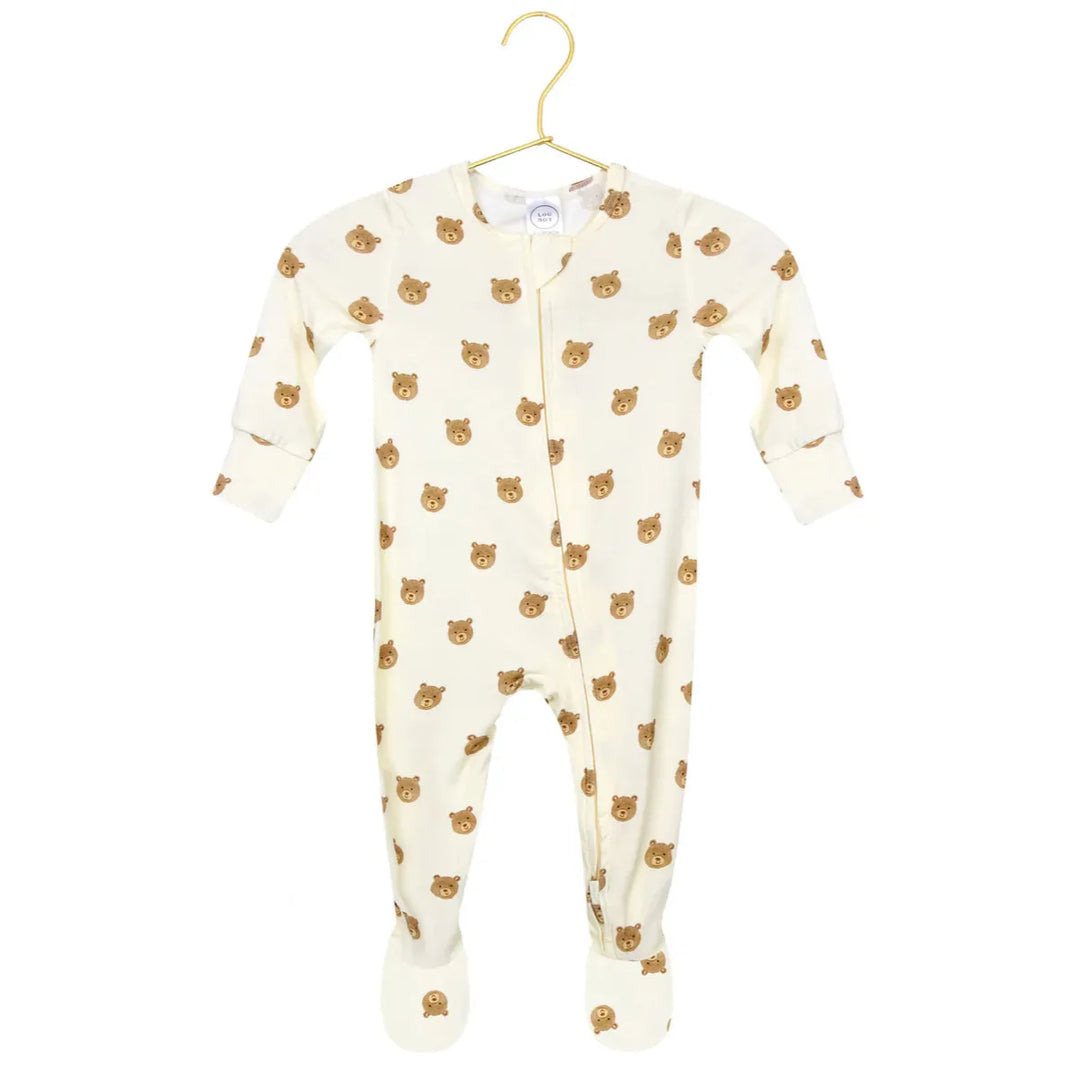 Baby onesie with bear pattern on a hanger against a white background