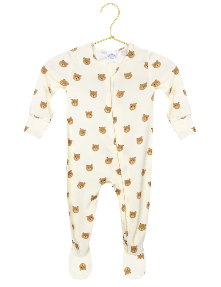 Baby onesie with bear pattern on a hanger against a white background