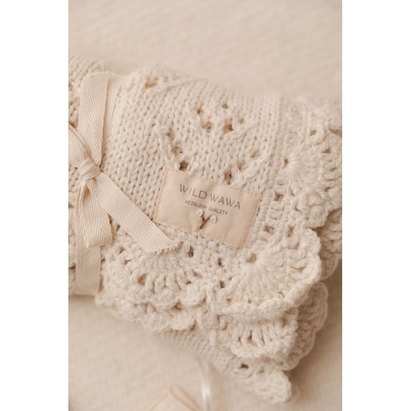 WILD WAWA Knitted Blanket W/Crochet Trim - Natural
