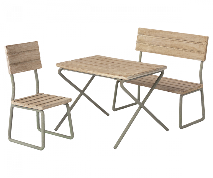 MAILEG Miniature garden set - Table with chair and bench